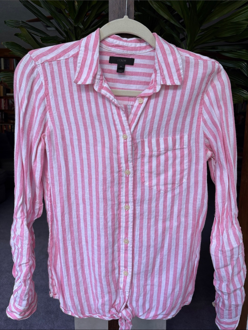 J. Crew Pink and White linen Vertical Stripe Button-Down Shirt